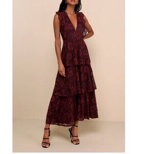 Lulus Molinetto Burgundy Lace Ruffled Tiered Sleeveless Maxi Dress Size XL NWOT